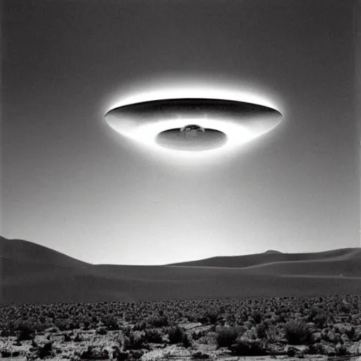 Prompt: vintage photograph unpublished photo of UFO in the desert of roswell sepia