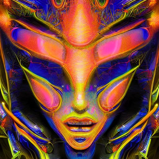 Image similar to Face of a Alien Deity, centered, corals, plume made of geometry, extremly detailed digital painting, sharp focus in the style of android jones, artwork of a futuristic artificial intelligence superstar with frames made of detailed circuits, mystical colors, rim light, beautiful lighting, 8k, stunning scene, raytracing, octane, under water visual distortion, dark tones colors, trending on artstation