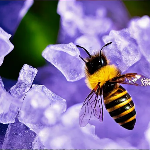 Prompt: a bee and an flower fossilized in ice, ambient light