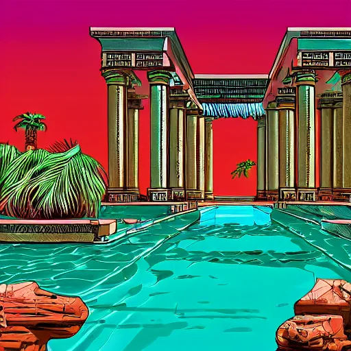 Prompt: a pool and ancient egyptian structure, epic retrowave art, trending on art station