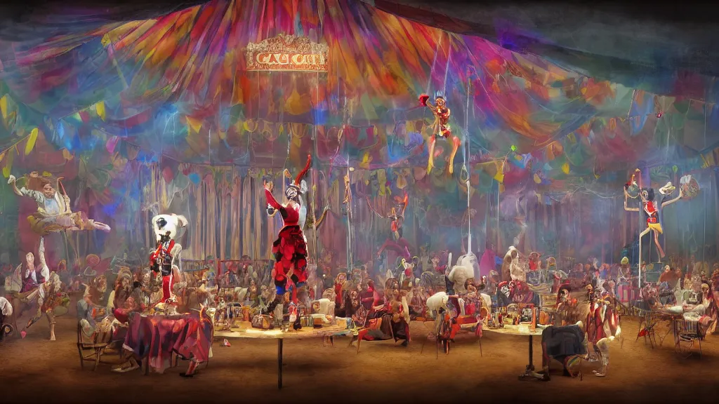 Image similar to of a gang of circus clowns, drinking alcohol, inside a circus tent, matte painting, concept art, 4K