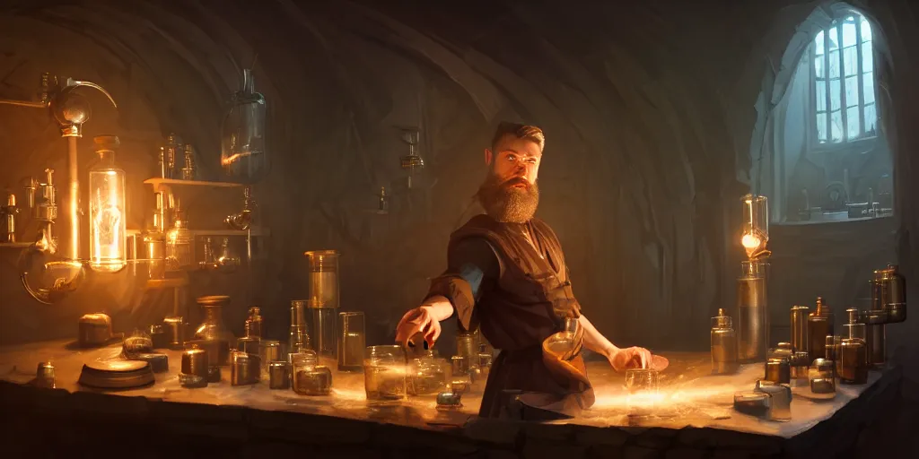 Image similar to a handsome bearded caucasian male sorcerer with brown hair, he is in a alchemist lab filled with beakers and equipment, casting a spell from a open book, neutral pose, digital art, concept art, epic composition, 4 k, light rays, super coherent, by dave melvin and greg rutkowski