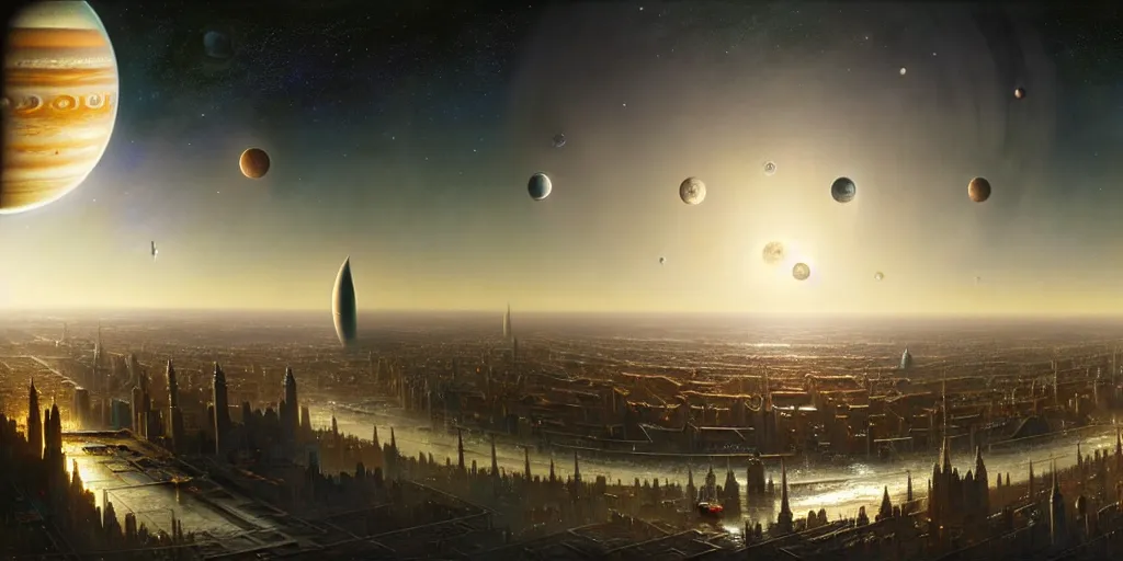 Image similar to planetary city, 2 biggest planets on the horizon of different sizes, intricate, highly detailed, photorealistic, digital painting, artstation, illustration, concept art, smooth, sharp focus, by ansel adams, bernardo bellotto, john collier, albert aublet and krenz cushart