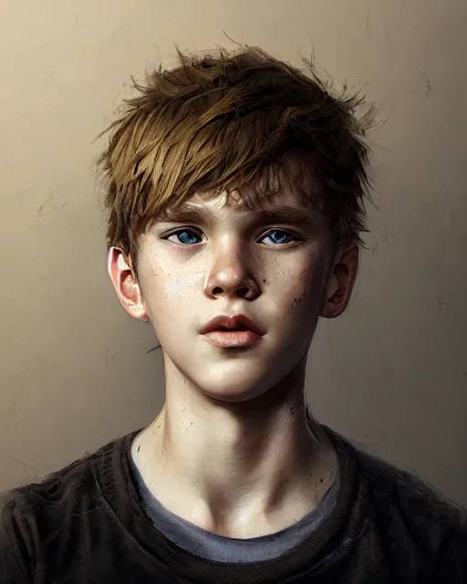 Image similar to portrait of 1 5 - year - old boy with blonde hair, round - face, and slightly buck - toothed, hyper realistic face, beautiful eyes, fantasy art, in the style of greg rutkowski, intricate, hyper detailed, smooth