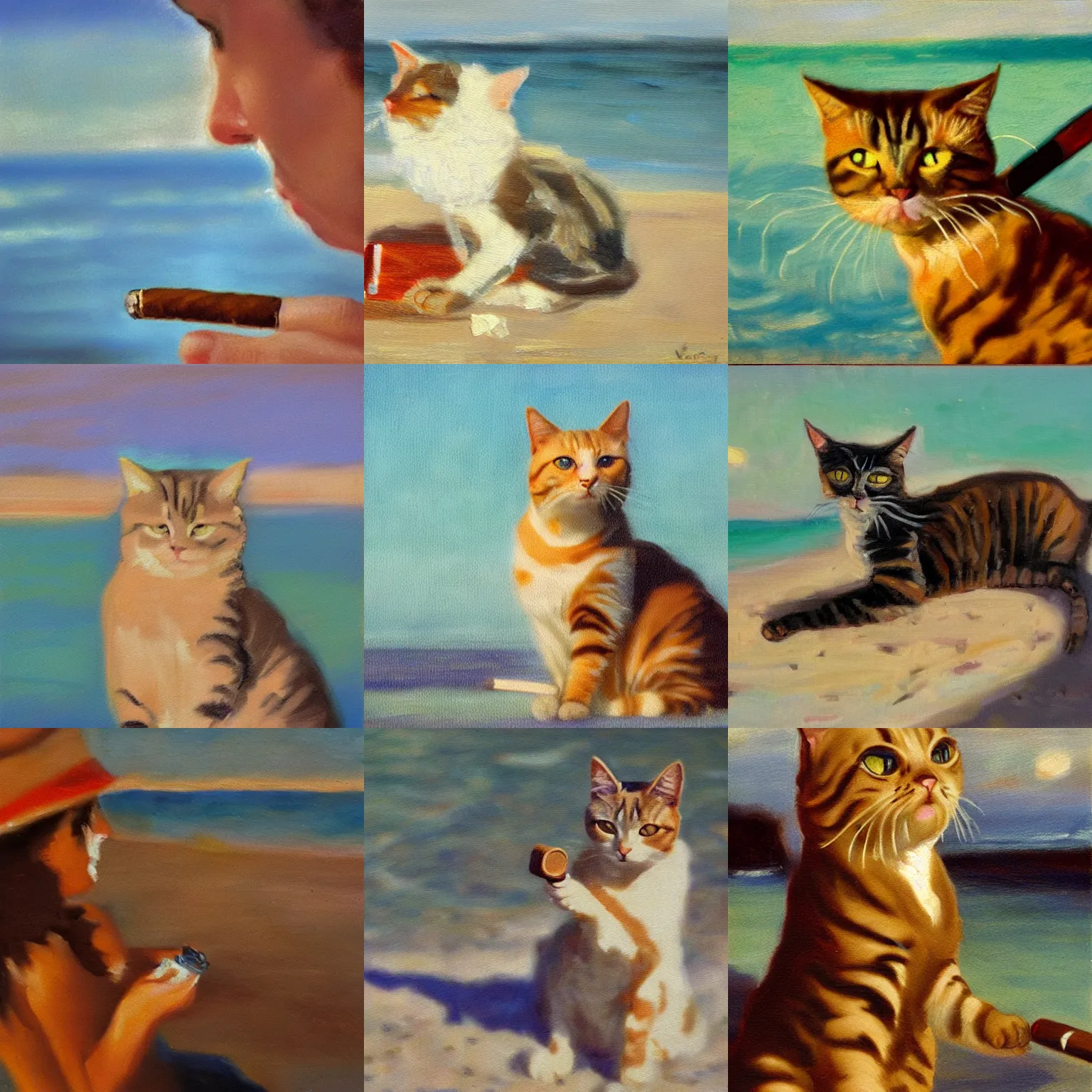 Prompt: An impressionist oil painting of a cat lighting a cigar on a beach in 1980, 30mm film