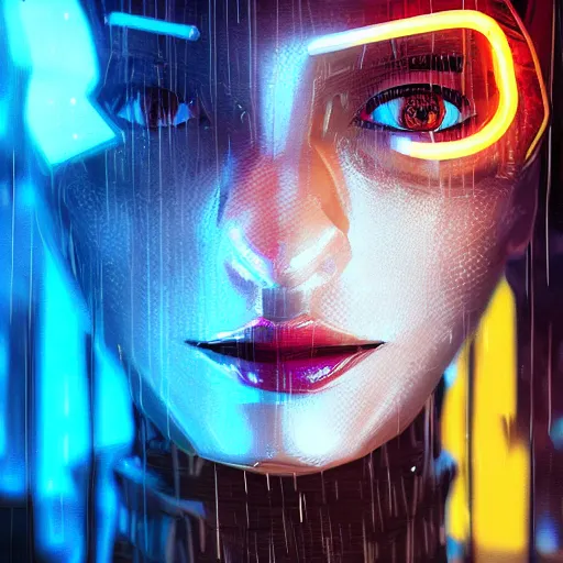 Image similar to stylish cartoon portrait made out of rain, cyberpunk background, rendered in octane, unreal engine, highly detailed, trending on artstation, realistic, splashes of neon, beautiful, volumetric lighting, depth of field, glowing eyes