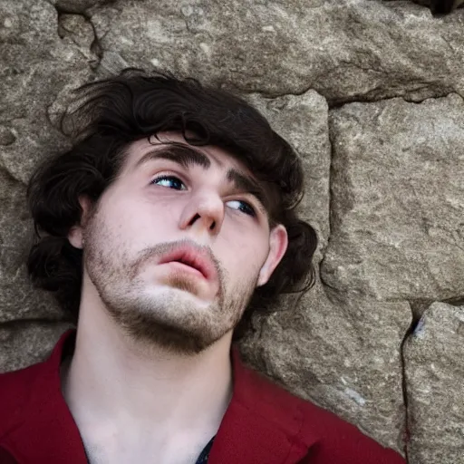 Image similar to Portrait of an utterly terrified young man on the verge of panic tears in 1930s attire with long hair cornered against a stone wall. He looks utterly panicked and distressed. 4K sigma 85mm