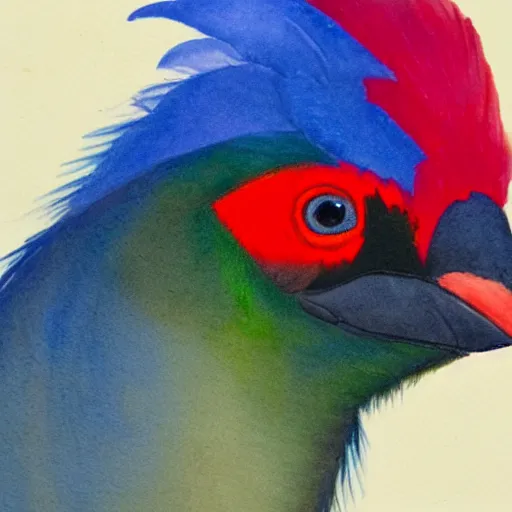 Image similar to a water colour painting of a red - crested turaco