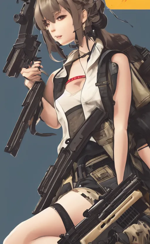 Prompt: girl, trading card art, gun, girls frontline game, matte, 150mm, illustration, artstation, by akio watanabe