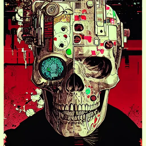 Prompt: cyberpunk skull cyborg portrait illustration, pop art, splash painting, art by geof darrow, ashley wood, alphonse mucha, makoto shinkai