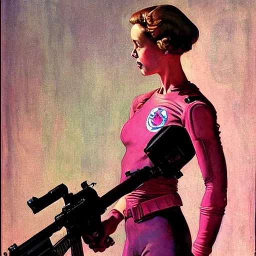 Image similar to Pink sci-fi woman with a gun. Norman Rockwell painting.