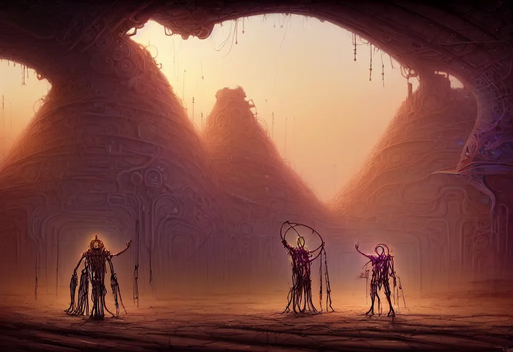 Image similar to A techno-magical shaman in shamanistic robes performs a ritual to resurrect a biomechanical horse in a huge steel ancient ruins covered of dunes of sand. Art by Finnian MacManus, Simon Stalenhag. Masterpiece, fantasy art, future, cinematic, hyperdetailed, sigils, photorealistic, cyberpunk, postapocalyptic, steampunk, hyperrealism, octane rendering, 8k, depth of field, bokeh, beautiful lighting.