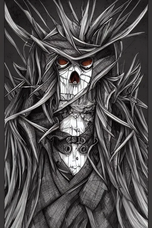 Image similar to villainous scarecrow, symmetrical, highly detailed, digital art, sharp focus, trending on art station, anime art style