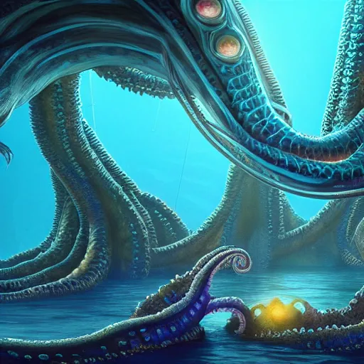 Image similar to beautiful digital fantasy illustration of an underwater city surrounded by tentacles, the forge of worlds, concept art by xul solar, two hands reaching for a fish, high detail texture, unreal engine, 8 k, photographic quality, ultra hyper realistic quality, 8 k definiton, hyper - realistic, cinematic, cinematic lighting