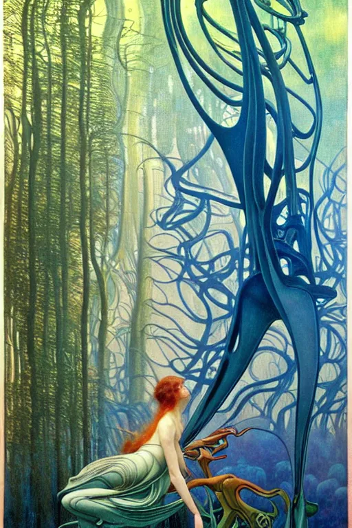 Image similar to realistic detailed painting of the beautiful nike sneaker, futuristic sci-fi forest on background by Jean Delville, Amano, Yves Tanguy, Alphonse Mucha, Edward Robert Hughes, Roger Dean, rich moody colours, blue eyes