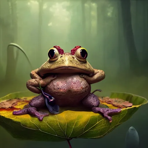 Prompt: funny long shot of a crazy toad baby sitting in a leaf cup, by esao andrews, by m. w. kaluta, ultra humorous illustration, small depth of field, perspective perception, volumetric light, psychedelic colors, 3 d octane render, 8 k, conceptart, hyperdetailed, hyperrealistic, trending on artstation