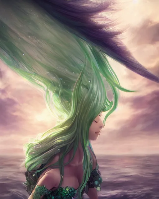 Image similar to beautiful green hair mermaid, anime style, epic underwater scenery wallpaper aesthetic, pastel colors, cinematic, dramatic, super detailed and intricate, hyper realistic, 4 k render, by artgerm, by kyoung hwan kim, by ralph mcquarrie, by yoshiyuki tomino