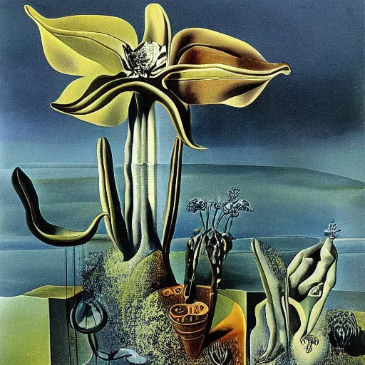 Prompt: infinite space on monestras plants and orchids by cirico, salvador dali