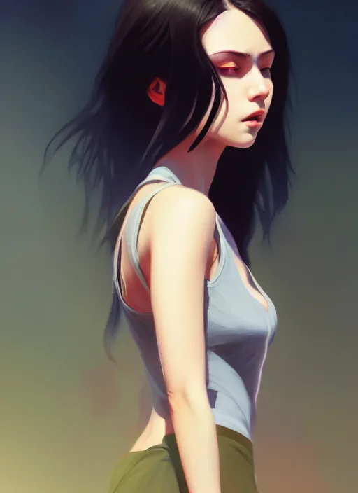 Image similar to ultradetailed beautiful painting of a stylish young lady wearing a short top, dramatic, she has black long hair, distressed, volumetric light, full body portrait by greg rutkowski, ilya kuvshinov, james jean, makoto shinkai, on artstation