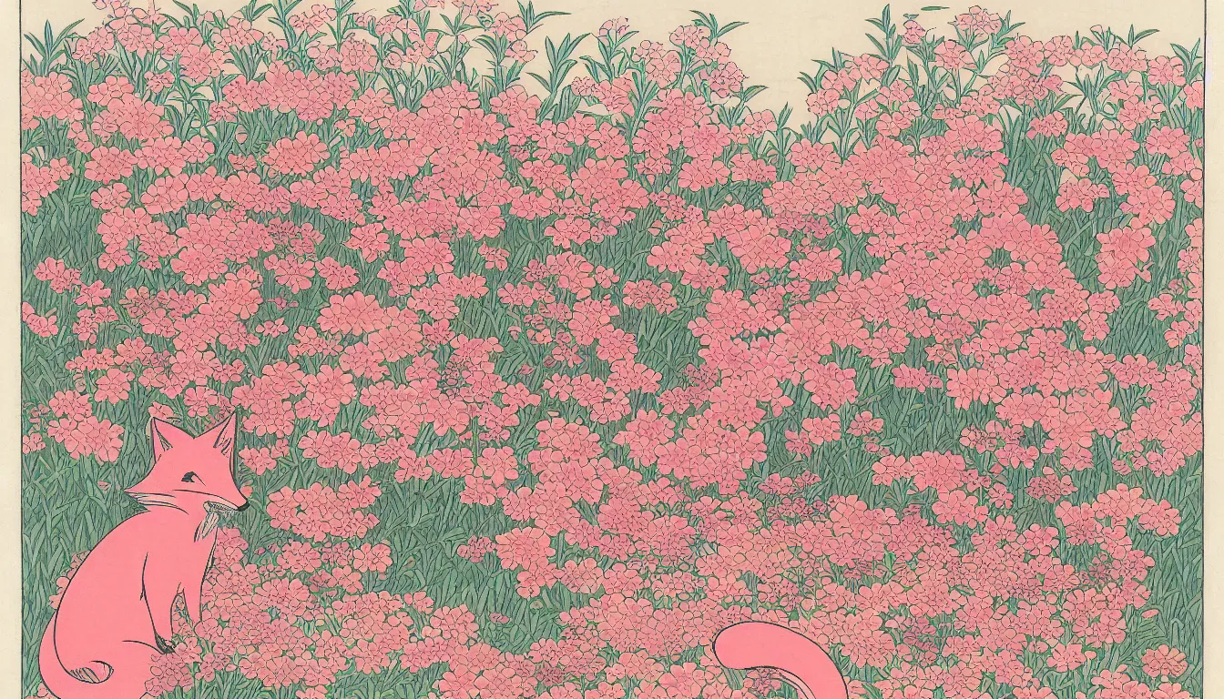 Prompt: pink fox head popping out of a field of multi colored flowers by hokusai,