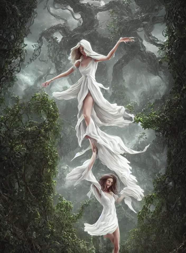 Prompt: a highly detailed digital painting of a woman in a white dress levitating with her arms in the midst of giant thorn vines and ancient temple ruins, mists, massive energy storm, concept art, trending on artstation