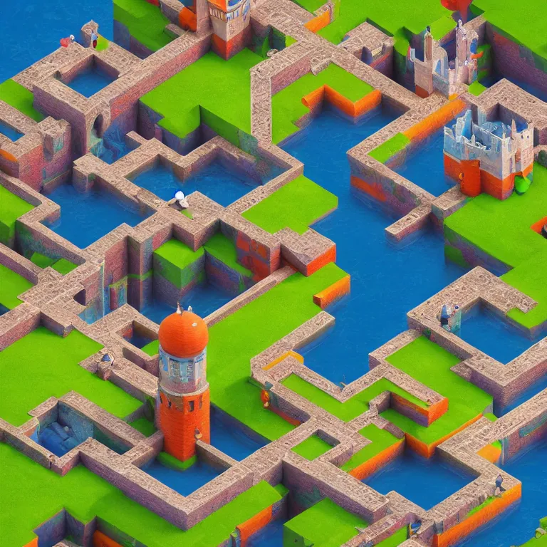 Prompt: surreal colorful isometric platform video game titled'the castle of running water'created by m. c. escher and hieronymous bosch and rene magritte, detailed design, octane render unreal engine 8 k