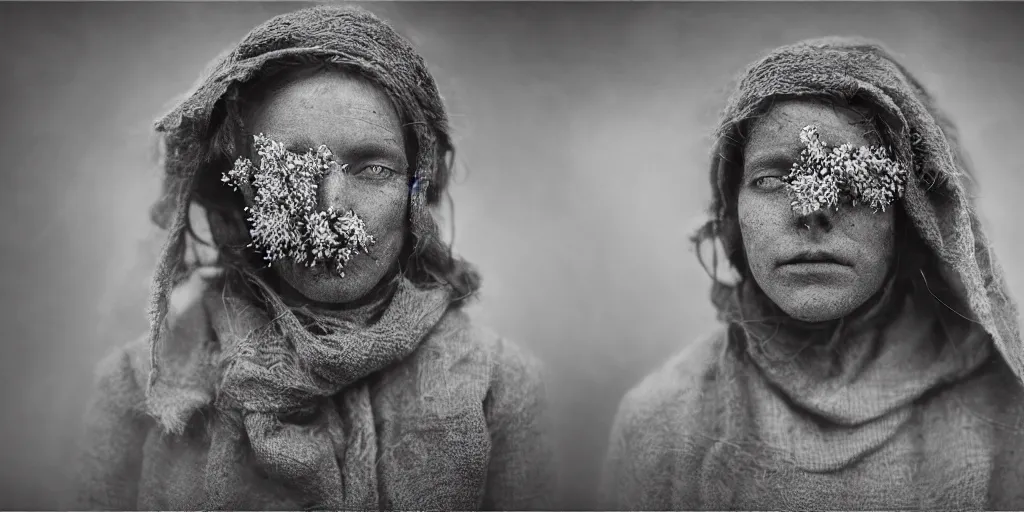 Prompt: portrait photography tyrolean female farmer, leaves and edelweiss growing from face, hay cloths, desaturated, fog, 1. 2 f, 3 5 mm, dark, eerie, 1 9 2 0 s ghost photography