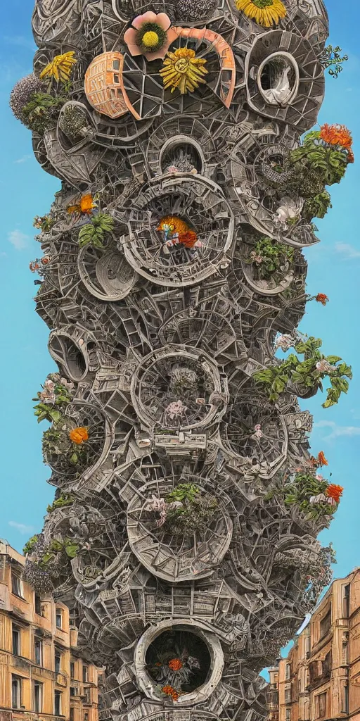 Image similar to colossal MC Escher flower in the middle of abandoned post soviet constructivist cityscape, Stalinist architecture, ultradetailed, Intricate by Hayao Miyazaki and Josan Gonzalez and Giuseppe Arcimboldo and Wes Anderson and H.R. Giger