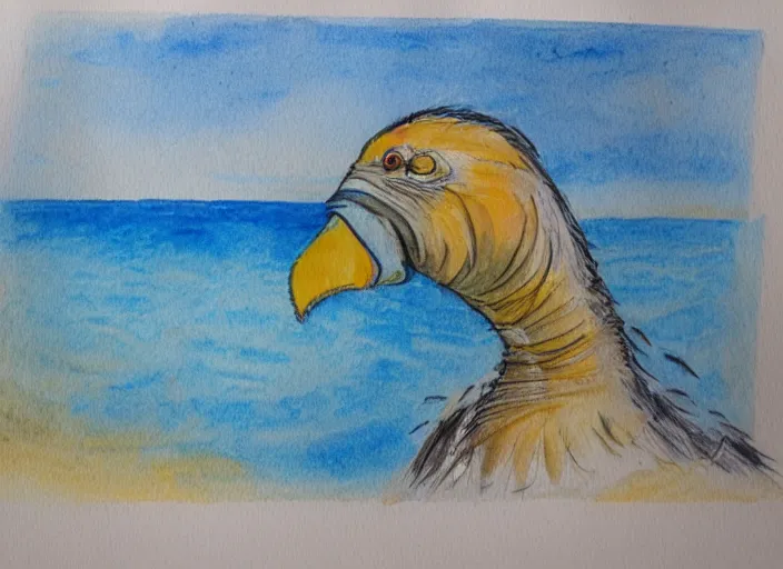 Image similar to a water color drawing of a dodo bird on a tropical island