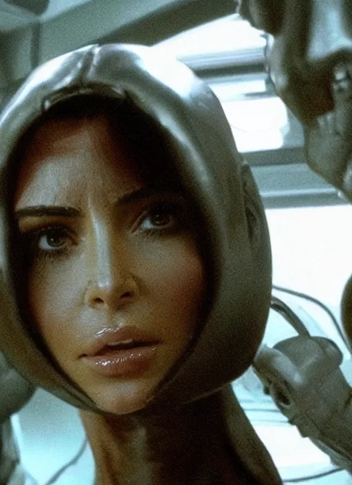 Prompt: movie still of kim kardashian wearing a alien face hugger mask, in the movie alien. cinematic shot.