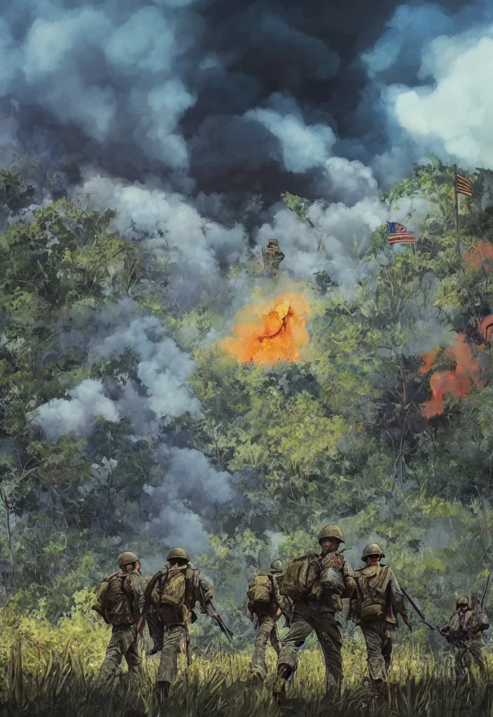 Prompt: handmade colorful illustration of an epic Vietnam War scene with a very few american soldiers walking, one american soldier at the forefront staring at the jungle, blue sky with beautiful clouds, some fire with columns of grey smoke, line art, heavy brushstrokes, oil on canvas by Kilian Eng and by Jake Parker, winning-award masterpiece, fantastic, octane render, 8K HD Resolution, High quality image