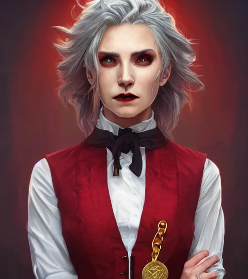 Image similar to female vampire, gold waistcoat, red shirt, grey hair, red necktie, cinematic, stunning, highly detailed, digital painting, artstation, smooth, hard focus, full body shot, illustration, art by artgerm and greg rutkowski and alphonse mucha