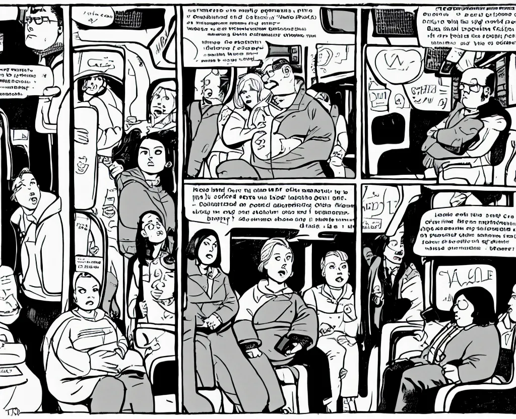 Prompt: comic panel drawn in the style of Daniel Clowes and Adrian Tomine and Gabrielle Bell, of a sad woman in a parka who looks like Aubrey Plaza, sitting near a slightly overweight friendly middle-aged German businessman in a suit, with short blond hair and mustache, in a mostly empty Chicago subway train, full-figure ¾ angle