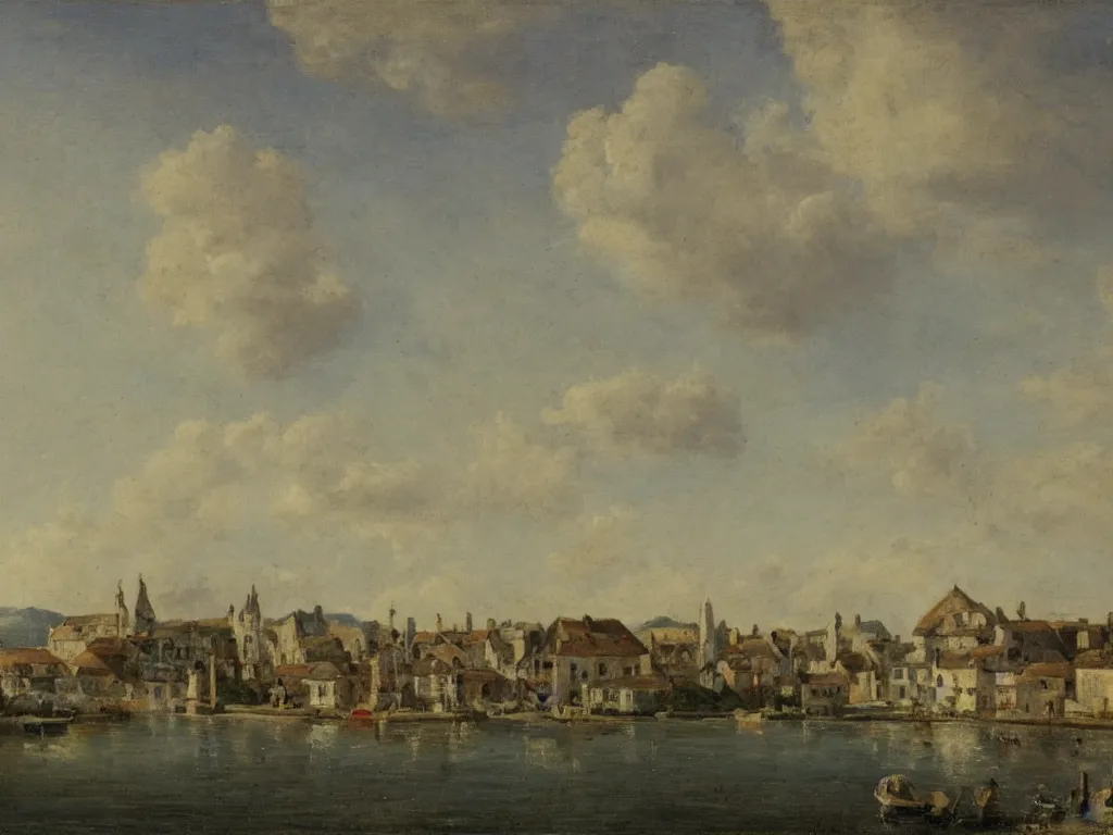 Image similar to a small village, viewed from the harbor, by jean - baptist monge,