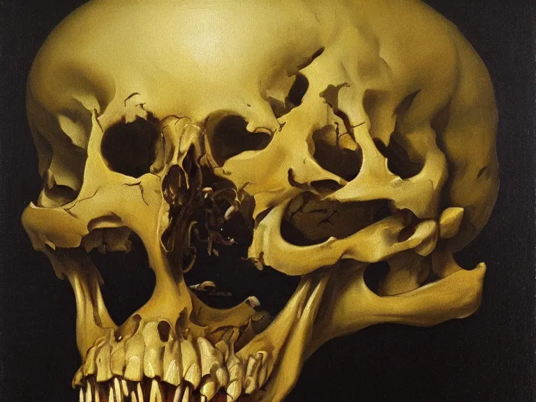 Image similar to an oil painting of a shrieking animal skull with fangs floating in aurora, anatomical skull by beksinski carl spitzweg and tuomas korpi. baroque elements, full-length view. baroque element. intricate artwork by caravaggio. Trending on artstation. 8k