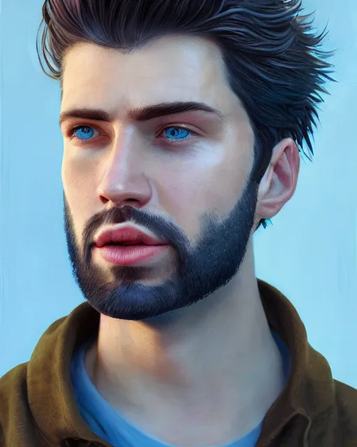 Prompt: portrait of a man in his mid - twenties with blue eyes, short dark blond hair, short beard, ultra realistic, epic, highly detailed, hd, sharp focus, cinematic lighting, realistic, dreamy, vivid colors, dreary, morose, matt painting, digital art, non blurry, sharp, artstation, concept art, smooth, illustration