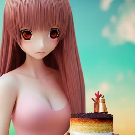 Prompt: Render of a beautiful 3d anime woman holding a birthday cake out to the camera, long light pink hair, full bangs, hazel eyes, cute freckles, full round face, soft smile, Chinese heritage, cute checkerboard sundress, golden hour, serene beach setting, medium shot, mid-shot, hyperdetailed, trending on Artstation, Unreal Engine 4k