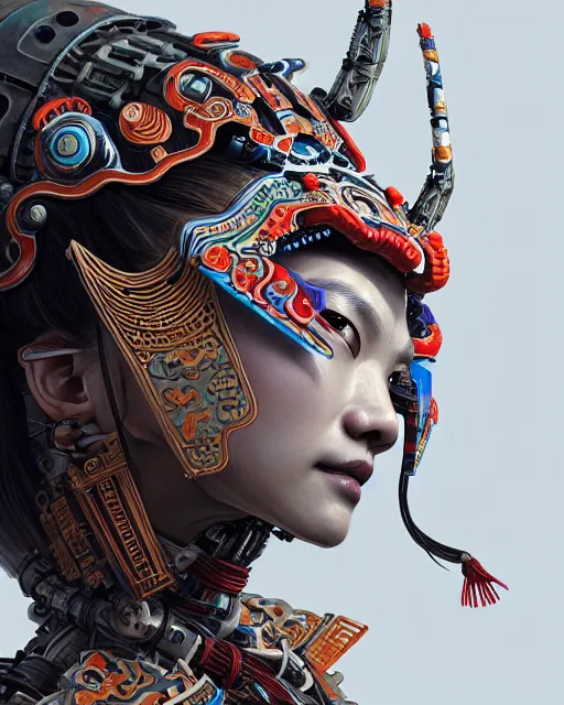 Image similar to portrait of a machine from horizon zero dawn, machine face, upper body, decorated with chinese opera motifs, asian, traditional chinese art, intricate, elegant, highly detailed, digital painting, artstation, concept art, smooth, sharp focus, illustration, art by artgerm and greg rutkowski and alphonse mucha, 8 k