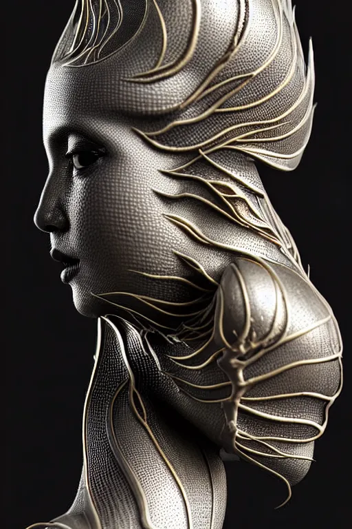 Image similar to bw close - up profile face, black background, beautiful young porcelain vegetal - dragon - cyborg - female, 1 5 0 mm, beautiful natural soft rim light, silver gold details, magnolia leaves and stems, roots, mandelbot fractal, elegant, ultra detailed, white metallic armour, octane render, h. r. giger style