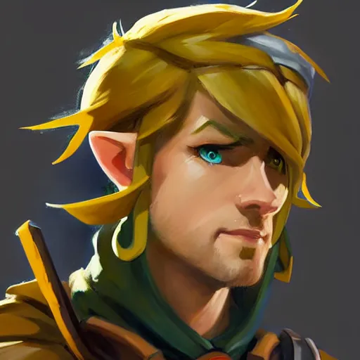 Image similar to Greg Manchess portrait painting of Link from Legend of Zelda as Overwatch character, medium shot, asymmetrical, profile picture, Organic Painting, sunny day, Matte Painting, bold shapes, hard edges, street art, trending on artstation, by Huang Guangjian and Gil Elvgren and Sachin Teng