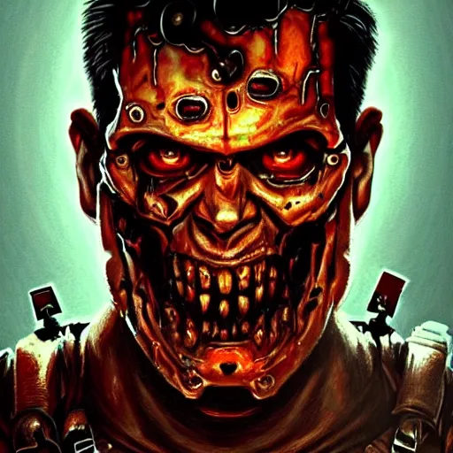 Image similar to 'Doom II, Doom guy' mixed with 'man from #EvilDead movie Ash Williams, 'Groovy'', intricate, cinematic lighting, highly detailed, digital painting, artstation, concept art, smooth, sharp focus, illustration, art by Artgerm and Greg Rutkowski, Cgsociety
