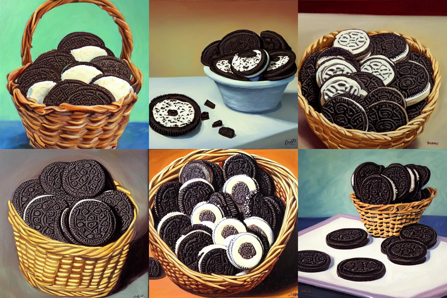 Prompt: Oreo cookies in a basket, oil painting, detailed