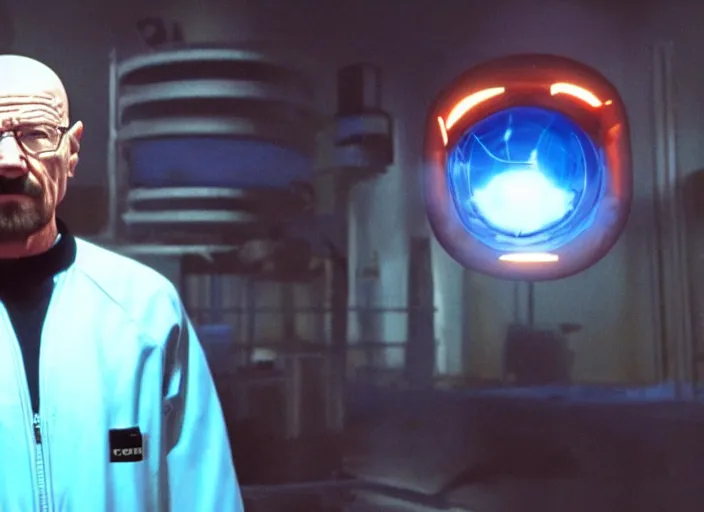 Image similar to film still of Walter White as Gordan Freeman wearing a black HEV suit with an orange lambda logo in front with a glowing blue portal in the background in the Half Life Movie, 4k