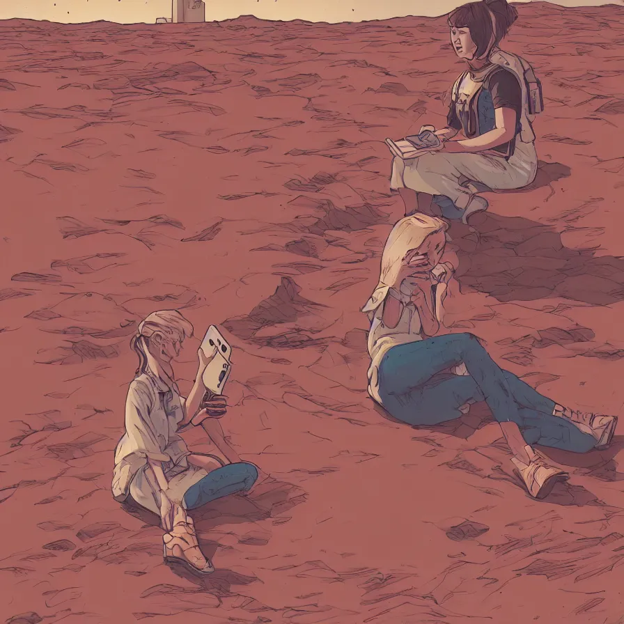 Image similar to very detailed, prophet graphic novel, ilya kuvshinov, mcbess, rutkowski, simon roy, illustration of a girl sitting alone on the surface of mars while staring at her phone, wide shot, colorful, deep shadows, astrophotography, award winning