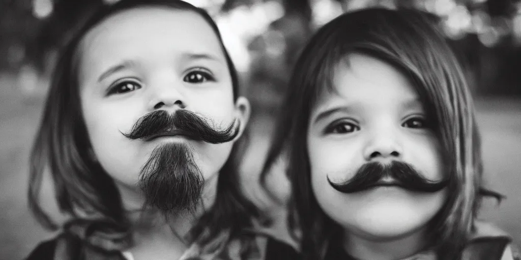 Prompt: little kid with long beautiful mustache, 5 0 mm