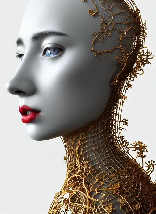 Image similar to complex 3d render ultra detailed of a beautiful porcelain profile woman face, mechanical cyborg, silver gold details, 150 mm, beautiful natural soft light, rim light, ghost orchid big leaves and stems, roots, fine foliage lace, maze like, mesh wire, intricate details, hyperrealistic, ultra detailed, red lips, mandelbrot fractal, anatomical, white metal neocubism armor, facial muscles, cable wires, microchip, elegant, octane render, H.R. Giger style, 8k