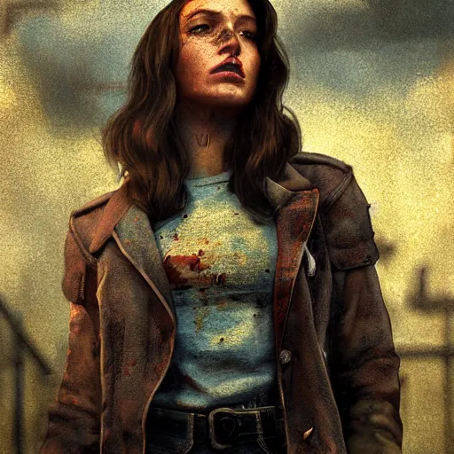 Prompt: fallout 5, charismatic beautiful rugged brunette female protagonist, portrait, outdoors low density industrial zone, atmospheric lighting, painted, intricate, volumetric lighting, beautiful, daytime, sunny weather, slight overcast, golden hour, sharp focus, deep colours, ultra detailed, by leesha hannigan, ross tran, thierry doizon, kai carpenter, ignacio fernandez rios