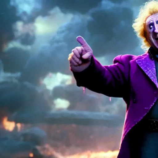 Image similar to film still, gene wilder as thanos in avengers end game, cinematic, epic action