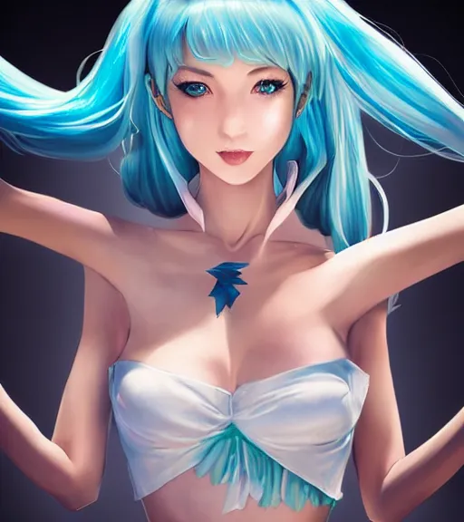 Prompt: Beautiful Hatsune miku by artgerm, rossdraws, magali villeneuve, Gil Elvgren, Earl Moran, Enoch Bolles, right arm down