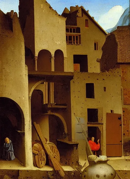 Image similar to medieval forge, medieval painting by Jan van Eyck, Johannes Vermeer, Florence